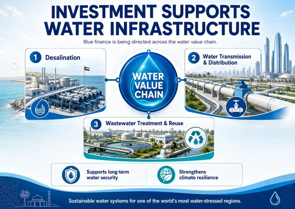 Bright landscape infographic showing blue-bond investment supporting desalination, water transmission and distribution, and wastewater treatment and reuse.
