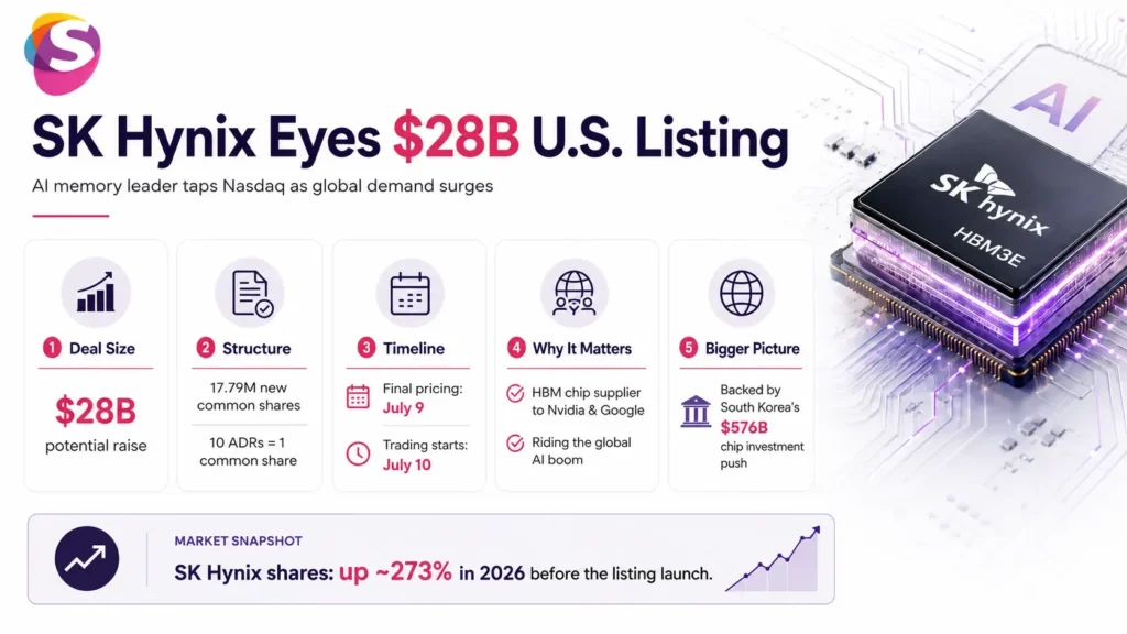 Infographic showing SK Hynix’s $28 billion Nasdaq investment, highlighting AI-driven semiconductor demand, high-bandwidth memory, technology investment, and global market growth