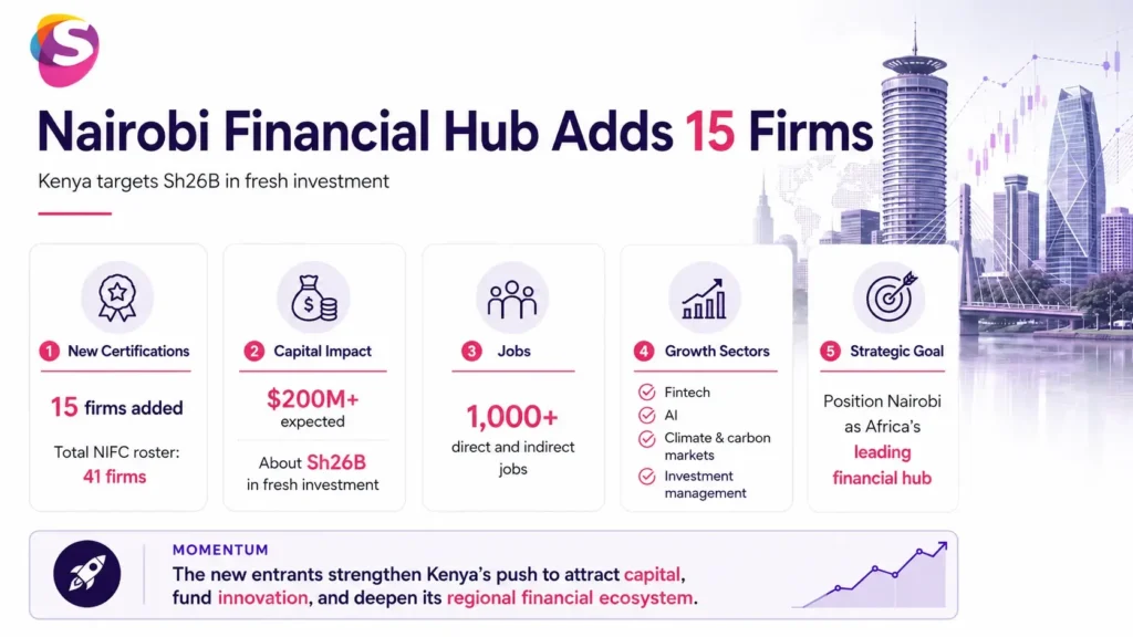 Infographic showing Nairobi Financial Hub’s expansion with 15 new firms, highlighting its KSh26 billion investment target, financial services growth, and Kenya’s role as a regional finance hub
