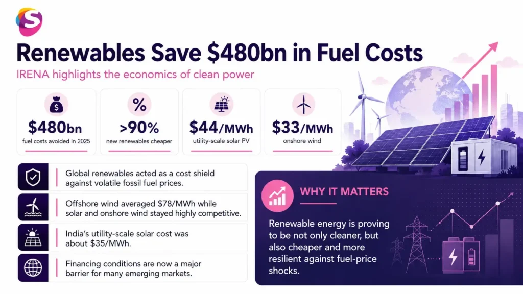 Infographic showing how renewable energy saved $480 billion in fossil fuel costs, highlighting solar, wind, energy security, cost savings, and the global clean energy transition