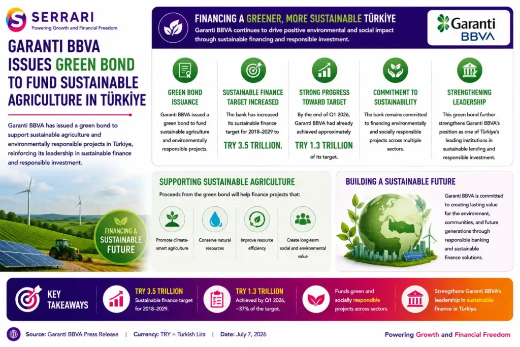 Garanti BBVA’s green bond issuance as part of its long-term sustainability strategy in Türkiye. The infographic explains that the bank has increased its sustainable finance target to TRY 3.5 trillion for the 2018–2029 period, reflecting its commitment to funding environmentally and socially responsible projects across multiple sectors. It also shows that by the end of the first quarter of 2026, Garanti BBVA had already achieved approximately TRY 1.3 trillion toward that target, demonstrating significant progress toward its sustainability objectives. The infographic emphasizes that the latest green bond reinforces Garanti BBVA’s position as one of Türkiye’s leading institutions in sustainable lending and responsible investment while supporting the financing of climate-focused, environmentally sustainable, and socially impactful projects.