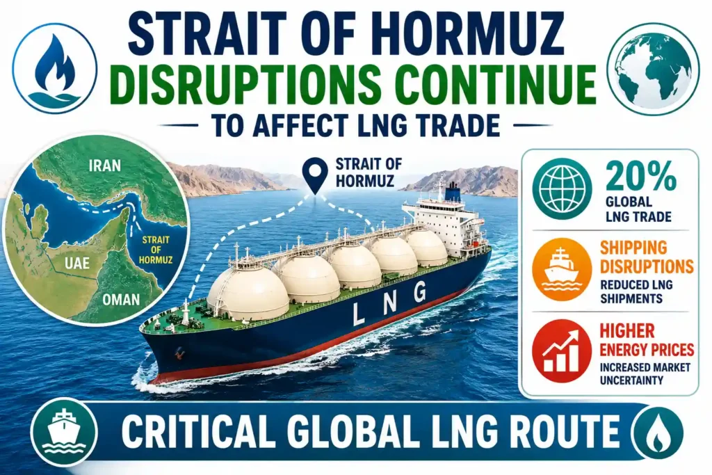 Infographic showing LNG shipping disruptions through the Strait of Hormuz affecting global gas trade and energy markets.