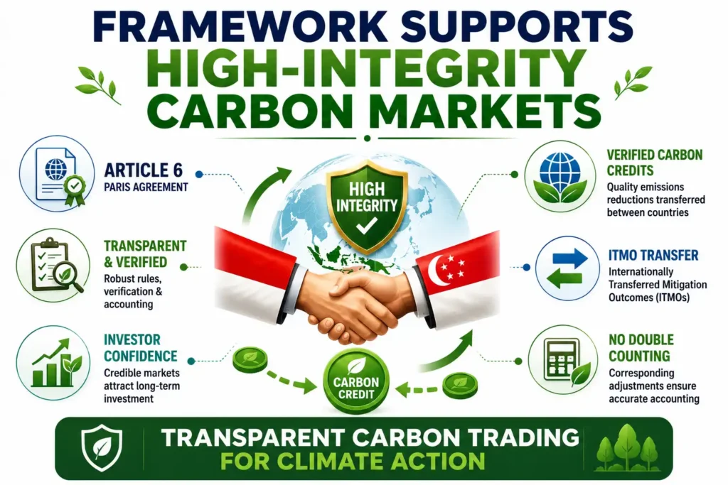 Infographic illustrating Indonesia and Singapore's high-integrity carbon market framework under Article 6 to support transparent carbon trading and climate finance.