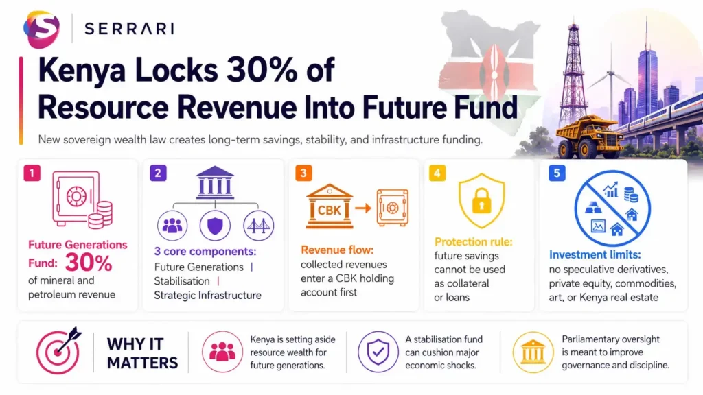 Infographic showing Kenya allocating 30 percent of natural resource revenue to a future fund, highlighting sovereign wealth, long-term investment, fiscal sustainability, and economic growth