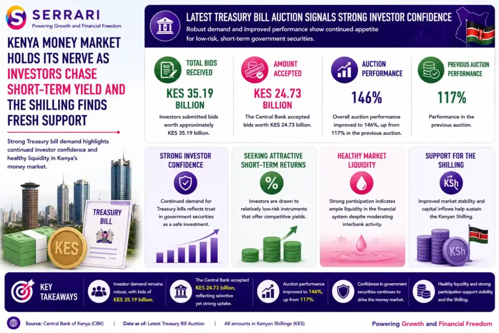 SERRARI infographic highlighting strong investor demand in Kenya’s latest Treasury bill auction. The infographic shows that investors submitted approximately KES 35.19 billion in bids, with the Central Bank of Kenya (CBK) accepting KES 24.73 billion, resulting in an auction performance of 146%, up from 117% in the previous auction. It emphasizes that robust participation reflects continued investor confidence in low-risk government securities, attractive short-term yields, and healthy liquidity within Kenya’s financial system despite moderating interbank market activity.