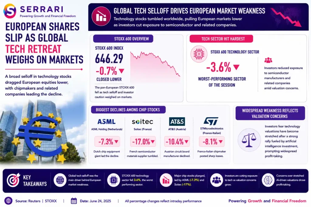 SERRARI infographic highlighting the impact of the global technology selloff on European equity markets. The infographic shows the STOXX 600 technology sector falling 3.6%, making it the worst-performing sector of the trading session as investors reduced exposure to semiconductor and technology stocks. It also highlights sharp declines among major chip-related companies, including ASML (-7.3%), Soitec (-17.0%), AT&S (-10.4%), and STMicroelectronics (-8.1%). The infographic emphasizes that concerns over stretched technology valuations following the AI-driven rally triggered broad selling across European technology stocks, weighing on overall market performance.