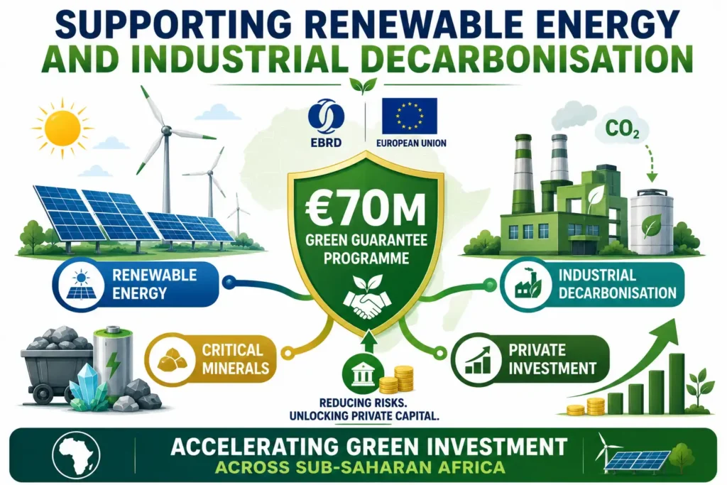 Infographic showing the EBRD and EU's €70 million guarantee programme supporting renewable energy, industrial decarbonisation, critical minerals, and private green investment across sub-Saharan Africa.