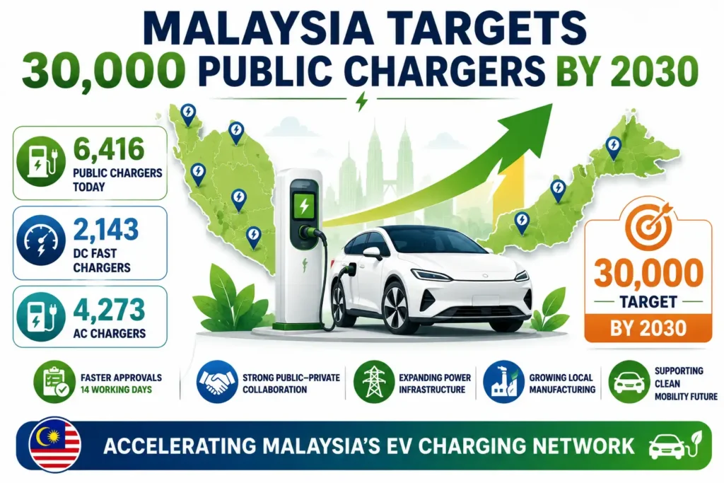 Infographic showing Malaysia's expansion to 6,416 public EV chargers and its target of 30,000 charging stations by 2030.