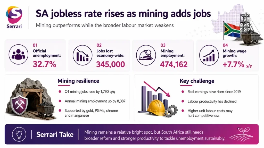 Infographic showing South Africa’s rising unemployment rate alongside mining sector job growth, highlighting labour market trends, employment data, economic performance, and sector contributions