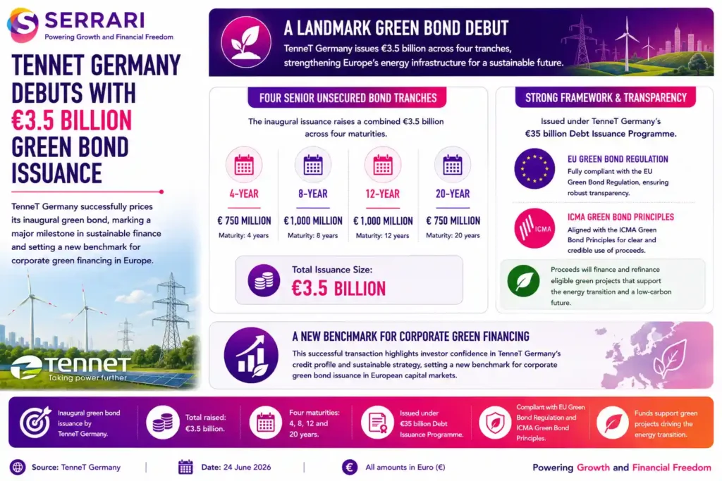 TenneT Germany’s inaugural €3.5 billion green bond issuance. The infographic shows that the bond was issued in four senior unsecured tranches with maturities of 4, 8, 12, and 20 years under the company’s €35 billion Debt Issuance Programme. It also emphasizes that the issuance complies with both the EU Green Bond Regulation and the ICMA Green Bond Principles, providing investors with a high level of transparency on the use of proceeds. The infographic concludes that the transaction establishes a new benchmark for corporate green financing in the European capital markets while supporting long-term sustainable energy infrastructure investment.