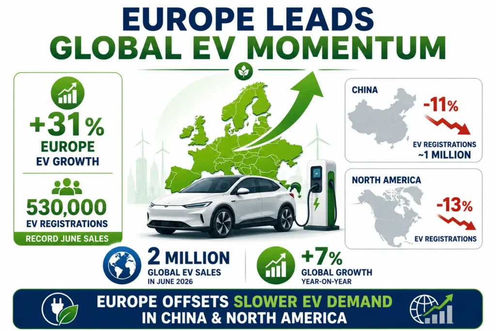 Infographic showing Europe's record EV sales growth driving global electric vehicle demand.