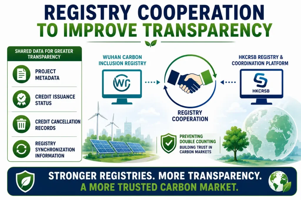 Infographic showing registry cooperation to improve transparency, data sharing, and prevent double counting in cross-border carbon markets.