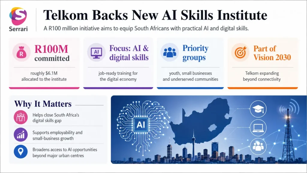 Infographic showing Telkom’s R100 million investment in a South African AI institute, highlighting AI research, innovation, digital skills development, technology investment, and economic growth
