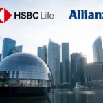 HSBC-branded glass office tower in a financial district, used to illustrate HSBC’s sale of HSBC Life Singapore and the related bancassurance partnership with Allianz.