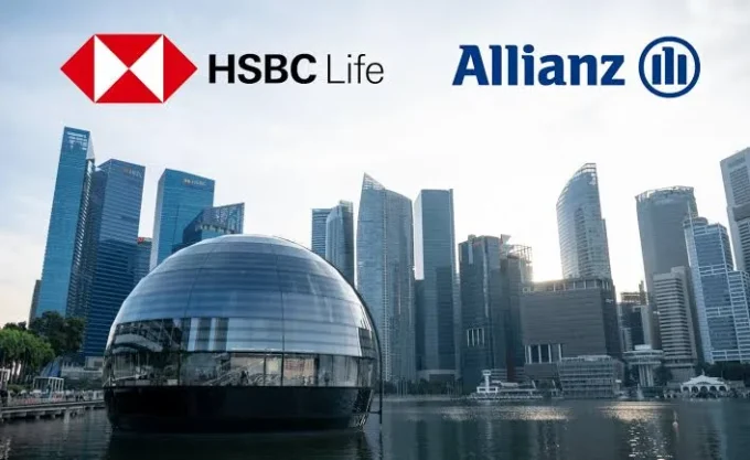 HSBC-branded glass office tower in a financial district, used to illustrate HSBC’s sale of HSBC Life Singapore and the related bancassurance partnership with Allianz.