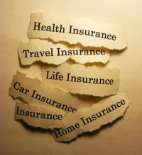 Torn paper labels showing health insurance, travel insurance, life insurance, car insurance, and home insurance, representing insurance products and policyholder protection.