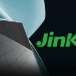 Jinko Solar graphic showing a solar panel and green company branding, representing renewable energy projects, solar infrastructure, and green bond financing.