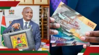Composite image showing a Kenyan public finance official holding a budget briefcase alongside Kenyan shilling notes, representing Treasury bills, government borrowing, and domestic financing.