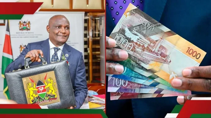 Composite image showing a Kenyan public finance official holding a budget briefcase alongside Kenyan shilling notes, representing Treasury bills, government borrowing, and domestic financing.