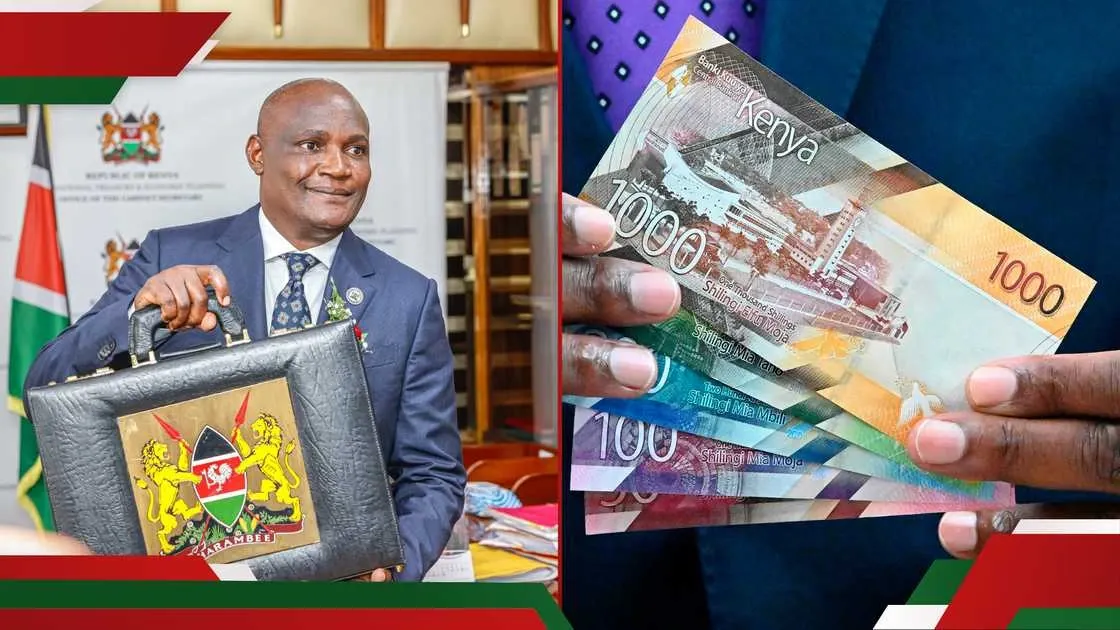 Composite image showing a Kenyan public finance official holding a budget briefcase alongside Kenyan shilling notes, representing Treasury bills, government borrowing, and domestic financing.