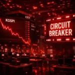 Dramatic red trading floor image with KOSPI market screens, a falling chart line and a large circuit breaker warning sign, symbolizing a sharp South Korean stock market sell-off.