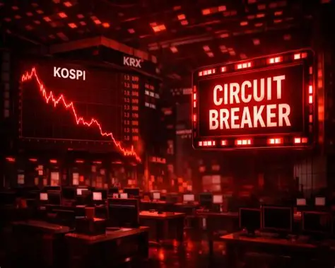 Dramatic red trading floor image with KOSPI market screens, a falling chart line and a large circuit breaker warning sign, symbolizing a sharp South Korean stock market sell-off.