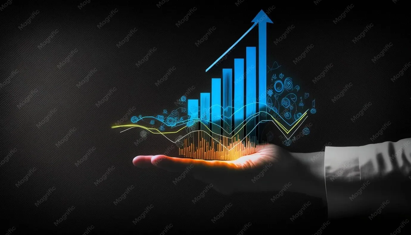 Hand holding a glowing financial growth chart with rising bars and an upward arrow, representing money market fund yields, investment returns, and portfolio growth.