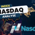 Nasdaq market analysis graphic with bull figures, candlestick chart patterns and the Nasdaq logo, representing volatility in US tech stocks and index performance.