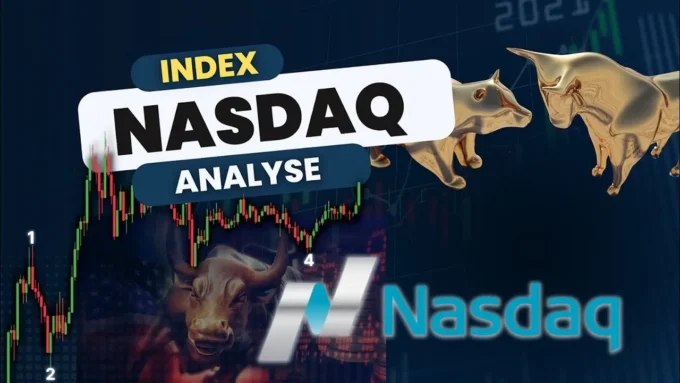 Nasdaq market analysis graphic with bull figures, candlestick chart patterns and the Nasdaq logo, representing volatility in US tech stocks and index performance.