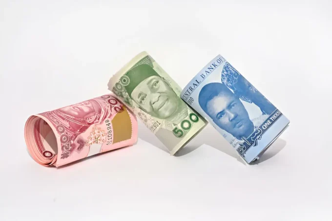 Rolled Nigerian naira banknotes on a white background, representing FGN Savings Bonds, naira income, and local-currency fixed-income investing.