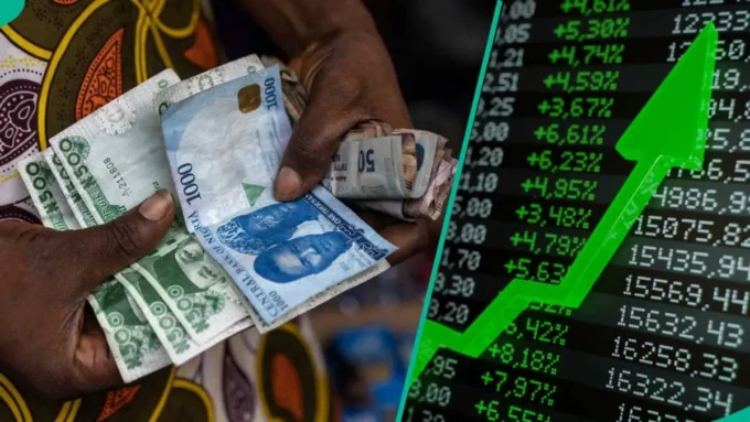 Hands holding Nigerian naira notes beside a stock-market board with a rising green arrow, representing Nigeria’s equity market rally and NGX investor momentum.