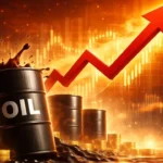 Oil barrels with a rising red arrow and market chart background, representing higher oil prices, energy market volatility, and inflation risk for investors