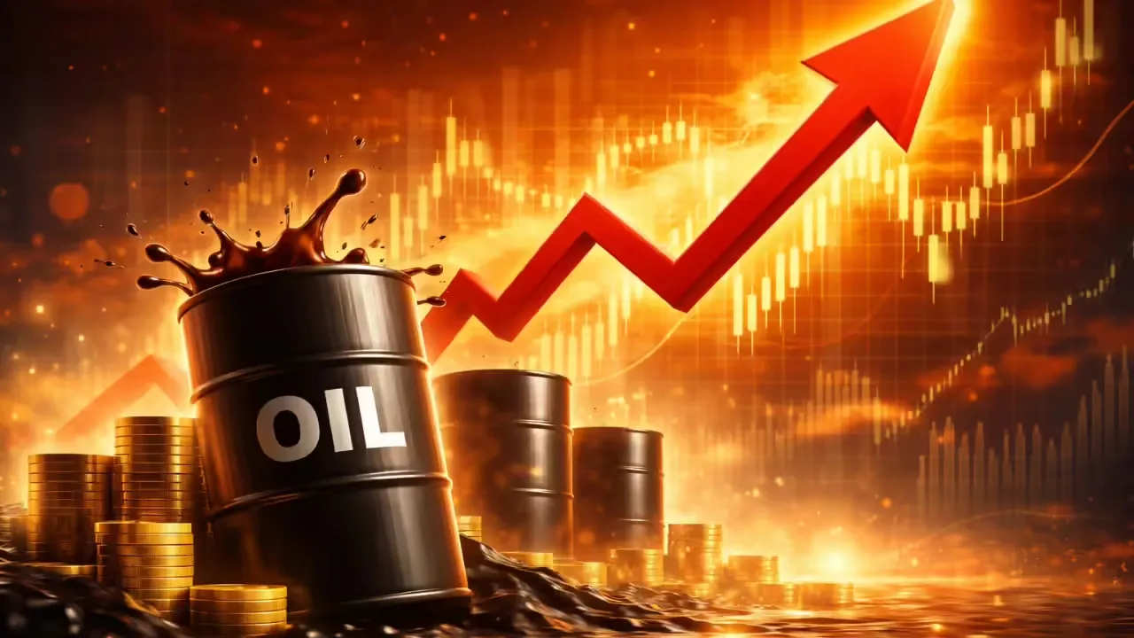 Oil barrels with a rising red arrow and market chart background, representing higher oil prices, energy market volatility, and inflation risk for investors