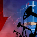 Oil pumpjacks, blue oil barrels, a red downward arrow and a falling price chart illustrating lower oil prices and improved stock futures sentiment.