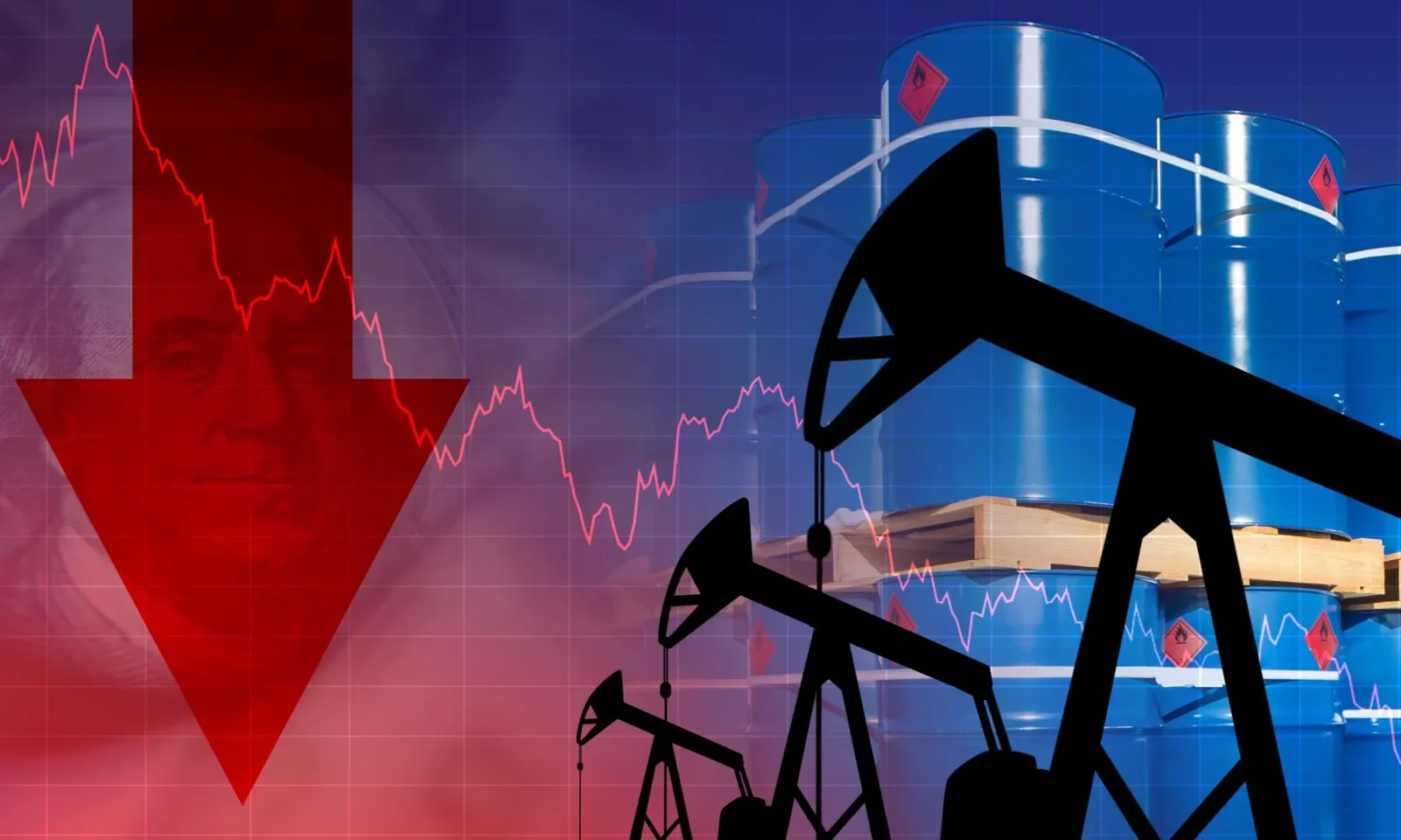 Oil pumpjacks, blue oil barrels, a red downward arrow and a falling price chart illustrating lower oil prices and improved stock futures sentiment.