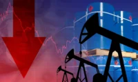 Oil pumpjacks, blue oil barrels, a red downward arrow and a falling price chart illustrating lower oil prices and improved stock futures sentiment.