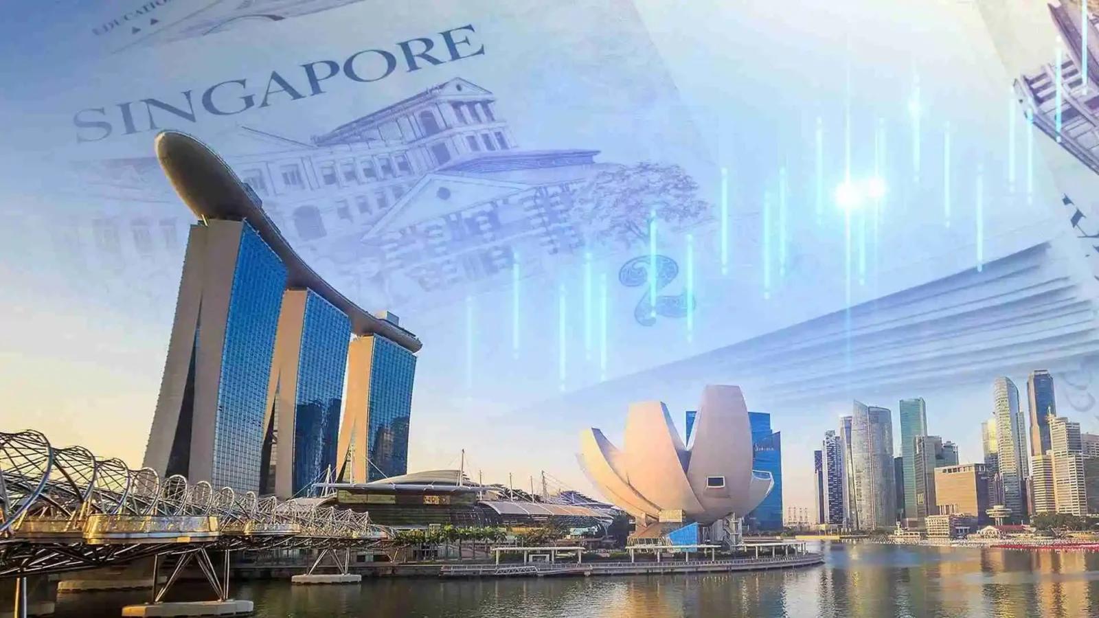 Singapore skyline with financial graphics and Singapore currency imagery, representing Singapore green bonds, sustainable finance, and green infrastructure investment.