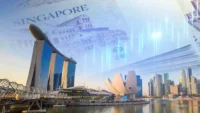 Singapore skyline with financial graphics and Singapore currency imagery, representing Singapore green bonds, sustainable finance, and green infrastructure investment.