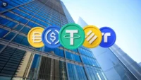 Digital stablecoin tokens displayed in front of glass financial buildings, representing bank-backed stablecoin payments, Open USD, and digital-dollar settlement infrastructure.