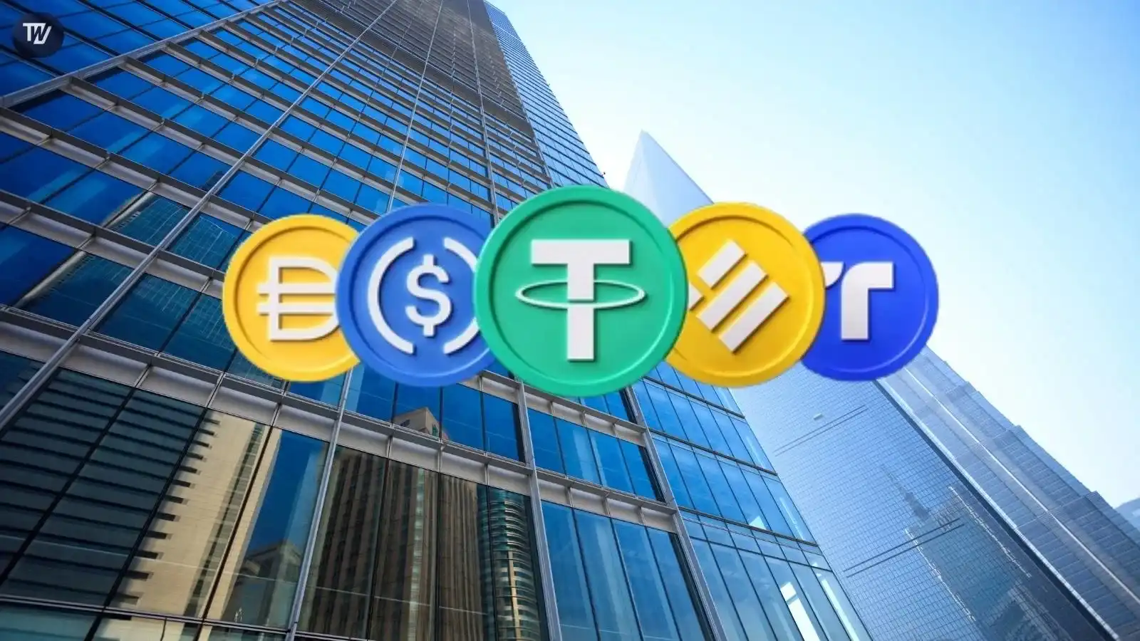 Digital stablecoin tokens displayed in front of glass financial buildings, representing bank-backed stablecoin payments, Open USD, and digital-dollar settlement infrastructure.