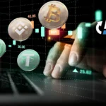 Digital crypto tokens and trading chart interface representing stablecoin settlement rails, crypto payment infrastructure, and cross-border remittance technology.