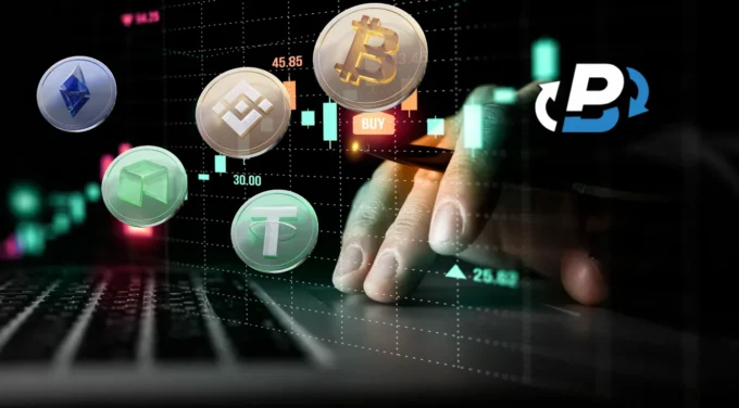 Digital crypto tokens and trading chart interface representing stablecoin settlement rails, crypto payment infrastructure, and cross-border remittance technology.