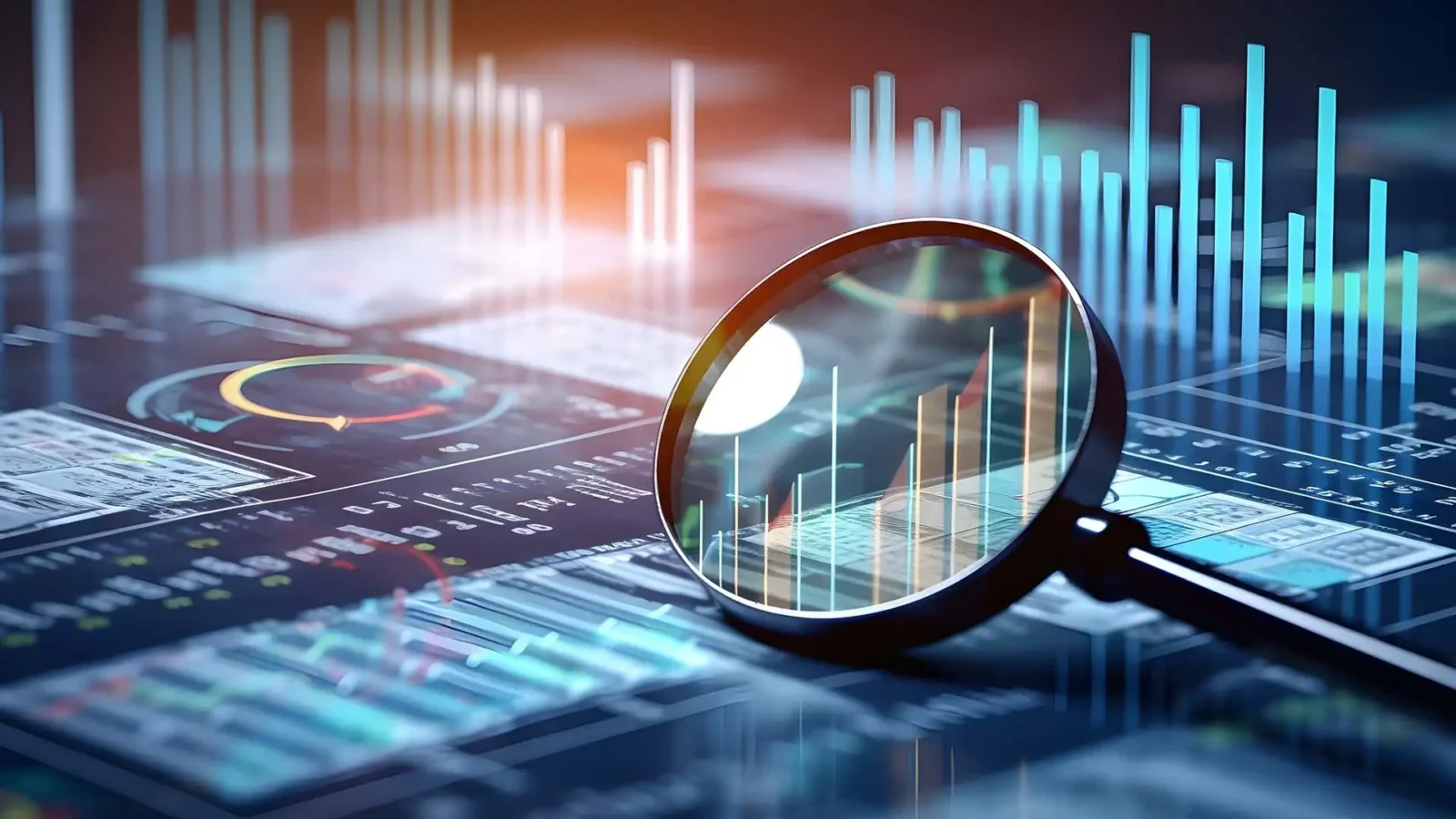 Magnifying glass placed over digital financial charts and bar graphs, symbolizing stock market analysis, index performance tracking and investment research.