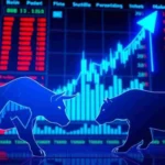 Digital bull and bear silhouettes facing each other in front of a stock market chart with a rising arrow, representing market gains, investor sentiment, and trading activity.