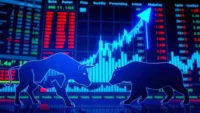 Digital bull and bear silhouettes facing each other in front of a stock market chart with a rising arrow, representing market gains, investor sentiment, and trading activity.