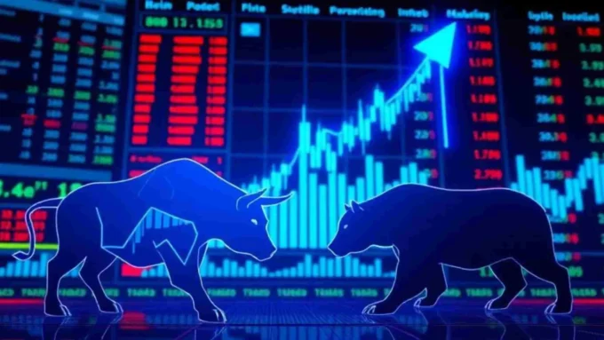 Digital bull and bear silhouettes facing each other in front of a stock market chart with a rising arrow, representing market gains, investor sentiment, and trading activity.