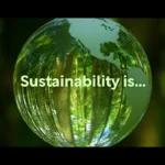 Glass globe reflecting a forest with the words “Sustainability is,” representing sustainability bonds, green finance, and environmental investment themes.
