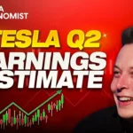 Red Tesla Q2 earnings estimate graphic with a rising stock chart and a smiling person, representing Tesla earnings expectations and investor sentiment.