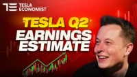 Red Tesla Q2 earnings estimate graphic with a rising stock chart and a smiling person, representing Tesla earnings expectations and investor sentiment.