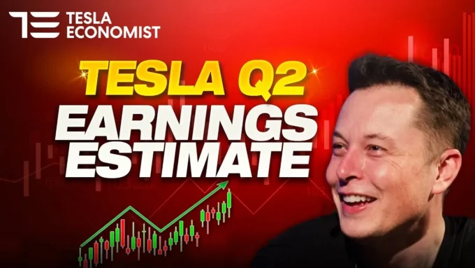 Red Tesla Q2 earnings estimate graphic with a rising stock chart and a smiling person, representing Tesla earnings expectations and investor sentiment.
